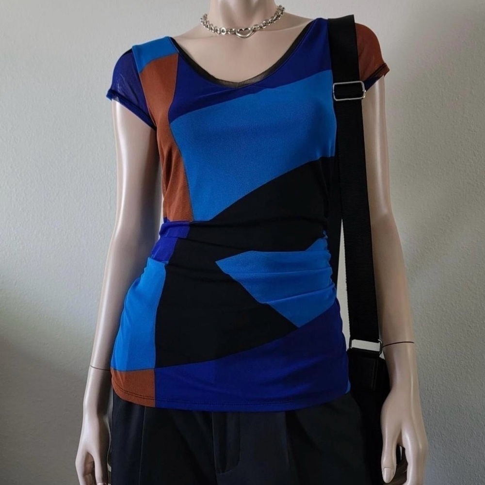 INC International Concepts -mesh overlay brown & blue abstract print top 💙🖤🤎 - Picture 2 of 7